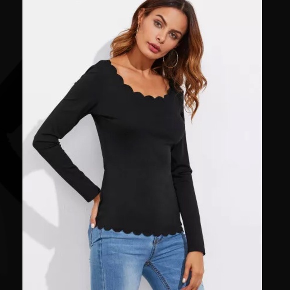 Tops - Scalloped fall long sleeve shirt in Black